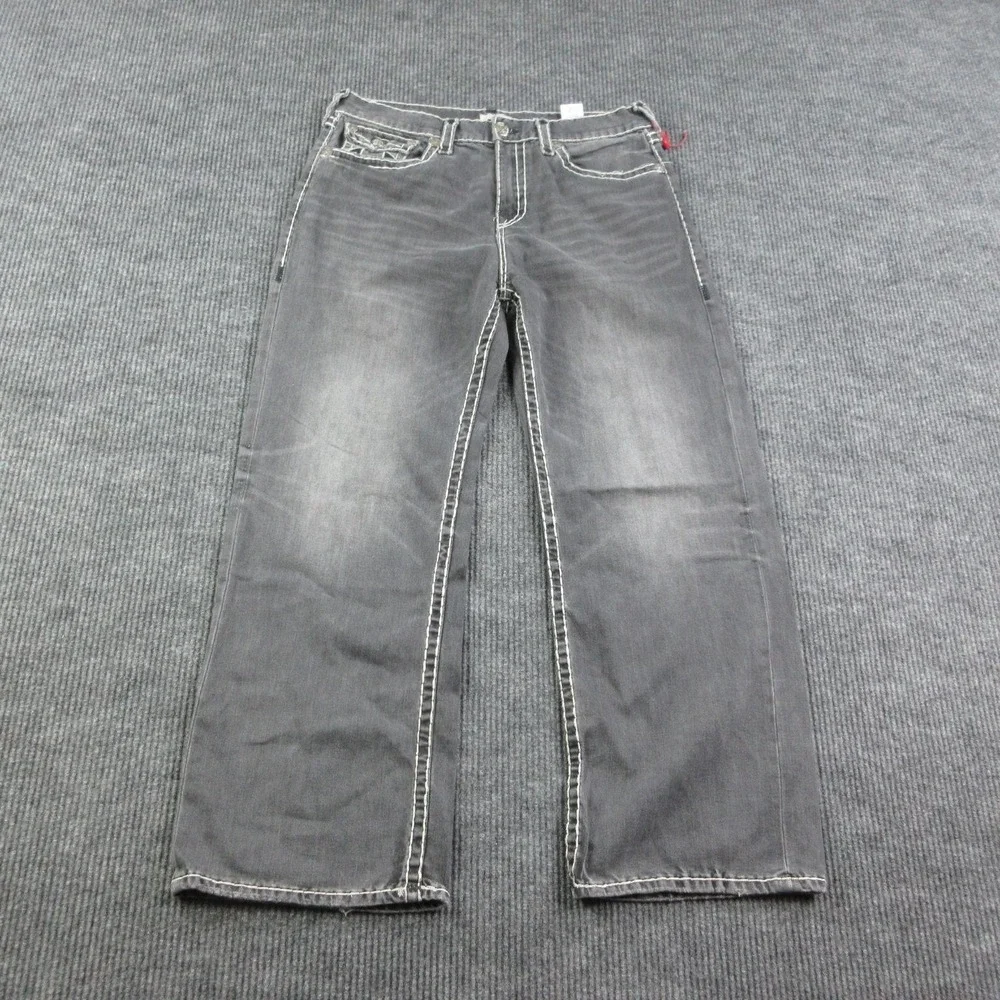 True Religion Jeans Mens 36 Black Vinny Super T Flap Wide-Leg Relaxed 37x31*
